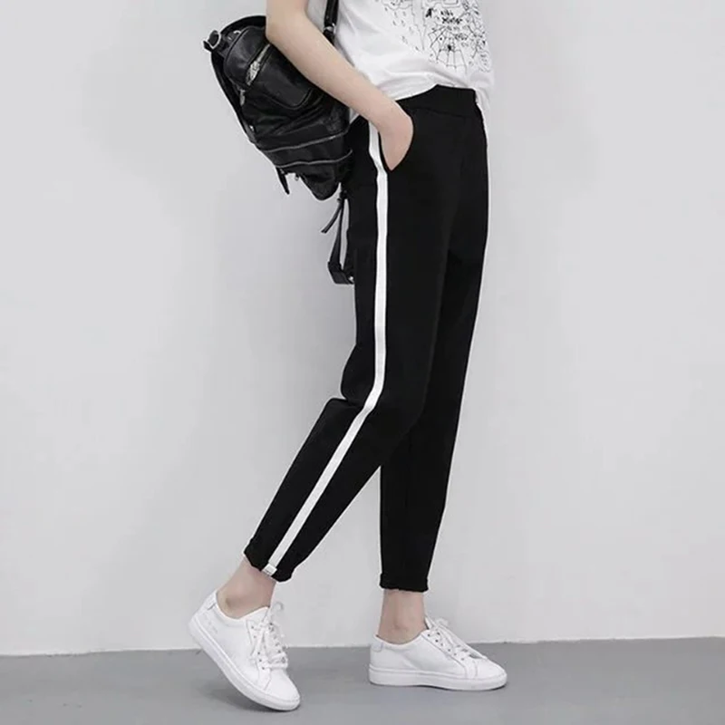 

GAOKE Autumn Harem Pants New Casual Long Trousers For Women Black Side Striped Thin Ankle-Length Pants Female Pencil Pant