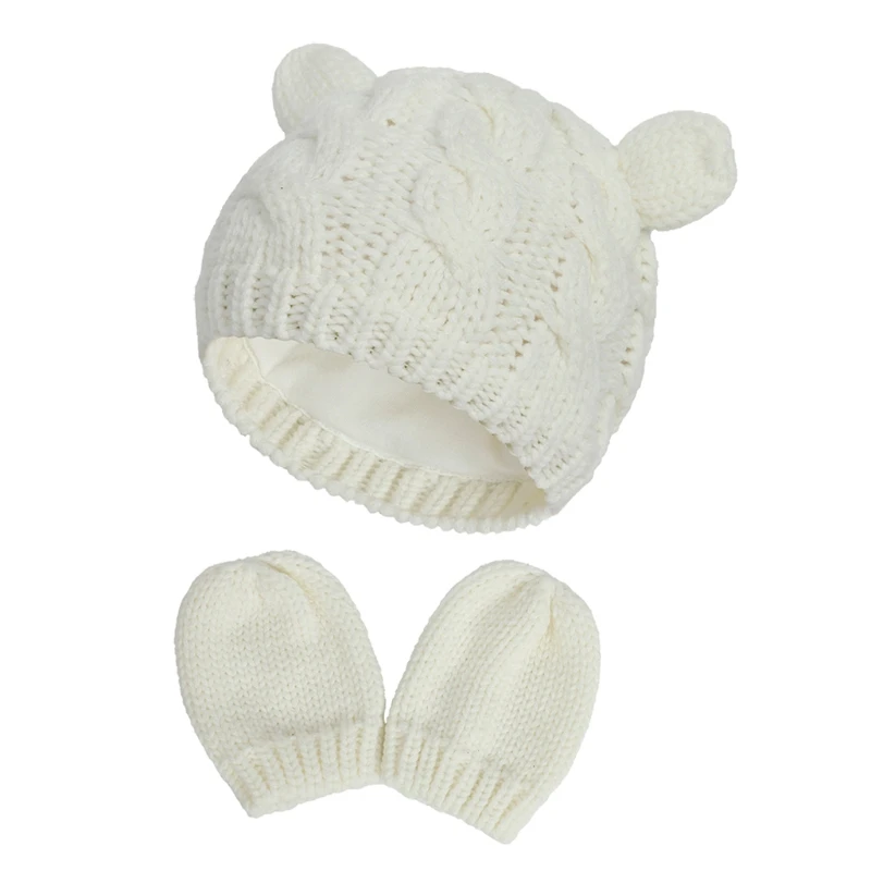 

W3JF Baby Hat and Mittens Set Kids Knitted Beanie Winter Warm Pompom Hats Gloves