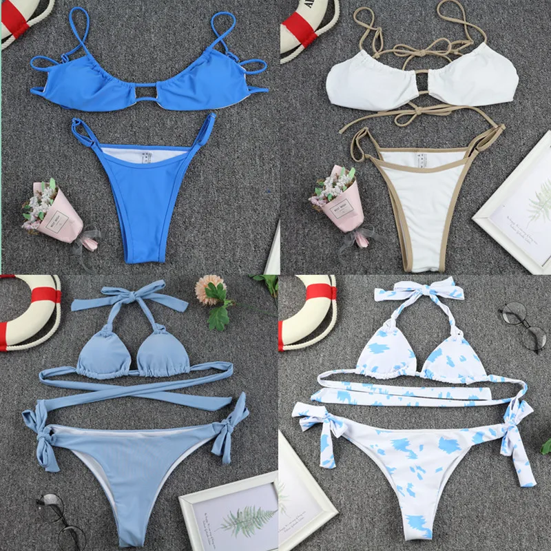 

Blue Bikini Set Two Pieces Solid Bandage Swimwear Women Swimsuit Push Up Bathing Suit Beachwear Biquini Female 2021 Mujer