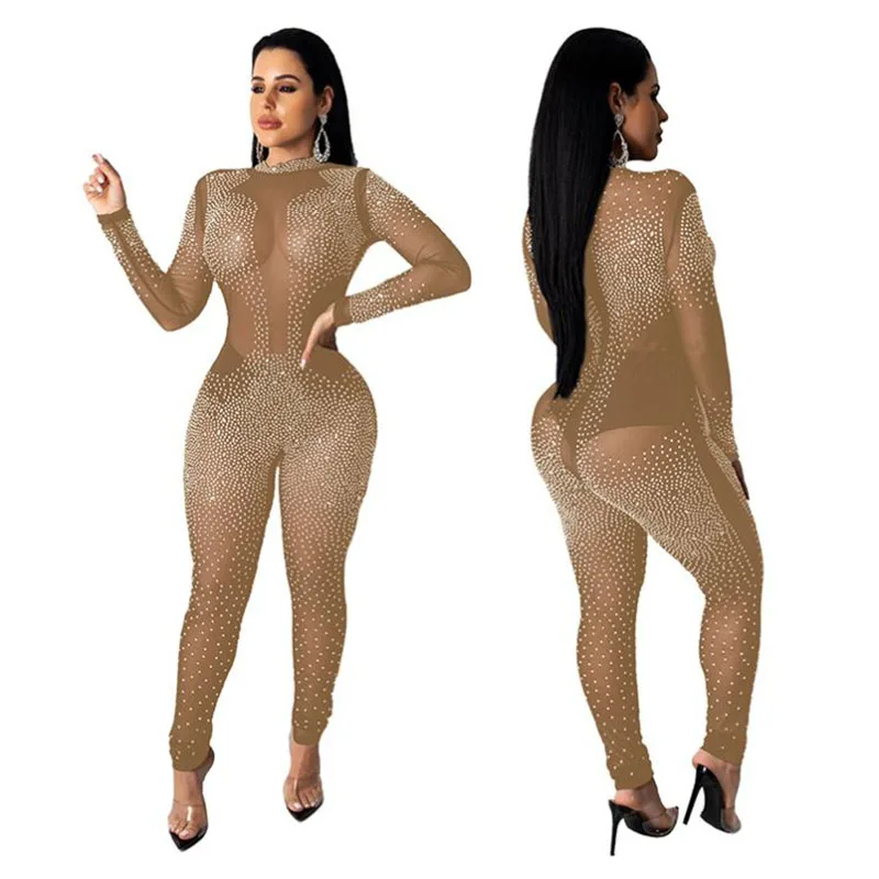 2020 популярный сетчатый Прозрачный женский комбинезон со стразами Модный цельный