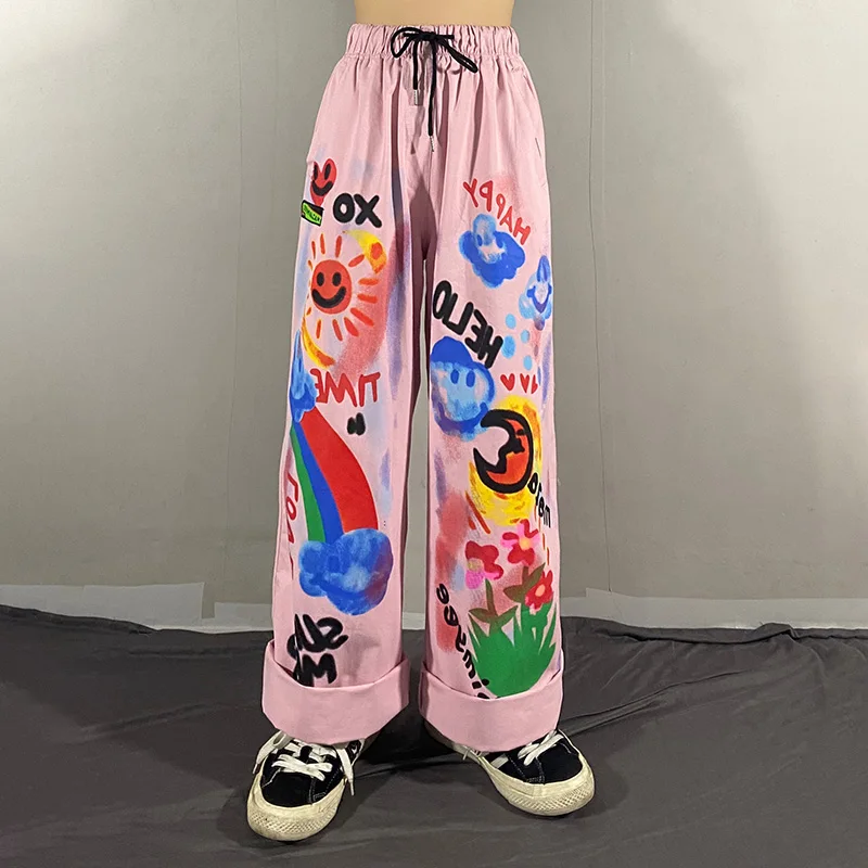 

Y2K Aesthetic Wide Leg Pants Women Harajuku Hip Hop Cartoon Graffiti Print Loose Pants Streetwear Straight Trousers Female