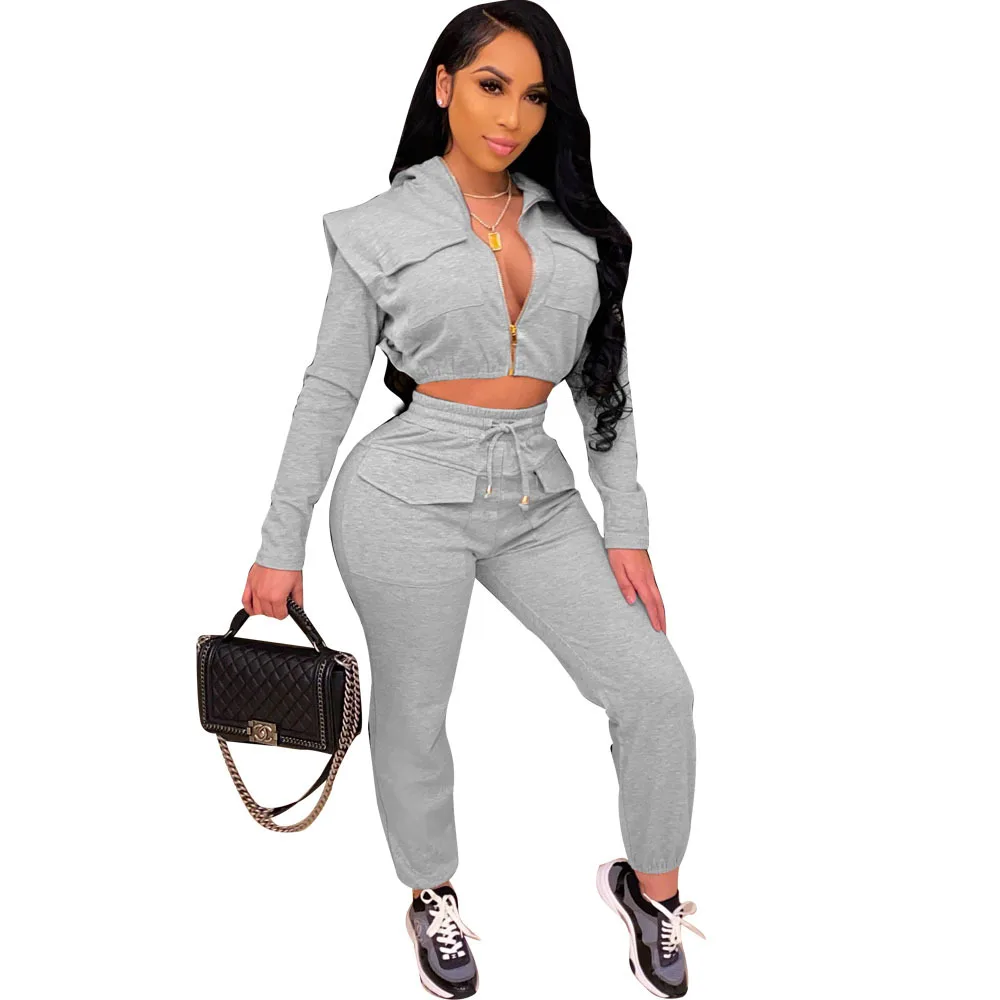 

Cutubly Two Piece Set Hooded V Neck Long Sleeve Outfit Set Women Casual Solid Zipper Top With Pockets Drawstring Pants Tracksuit