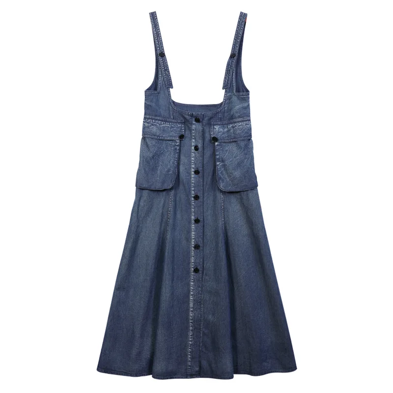

Slim Fit Dress Women Summer Single-breasted Casual Soft Thin Jeans Strap Dress Female Vintage Fashion Long Denim Dresses