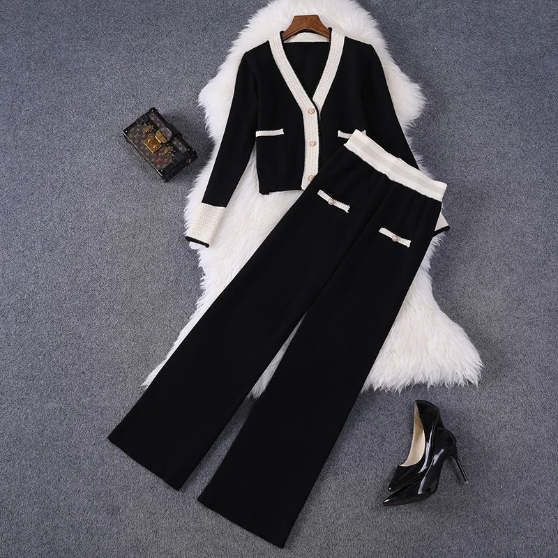 New 2021 autumn winter women casual knitted black pants suit color block V-neck cardigans and long trousers two piece set