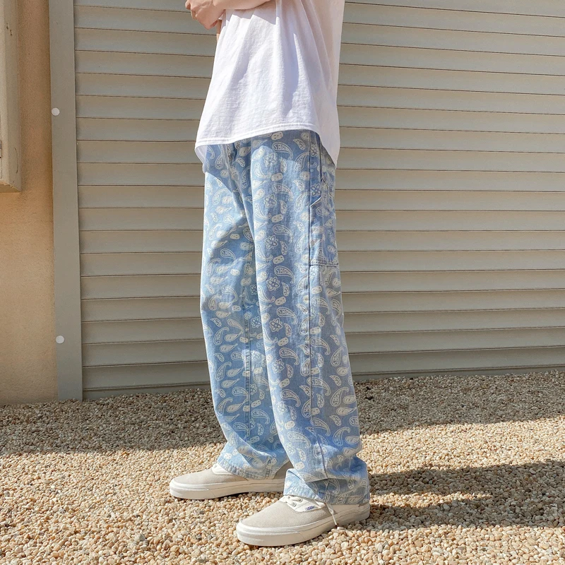 

Джинсы прямые в Корейском стиле для мужчин и женщин, уличная одежда с принтом, брюки из денима в стиле хип-хоп, весна 2022