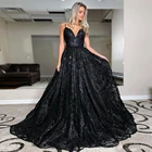2022 блестящие черные платья для выпускного вечера, официальное кружевное блестящее ТРАПЕЦИЕВИДНОЕ ПЛАТЬЕ С V-образным вырезом и открытой спиной для вечеринки