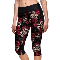 hot halloween floral skull black sports fitness capris women plus size running gym bodybuilding leggings 3 patterns