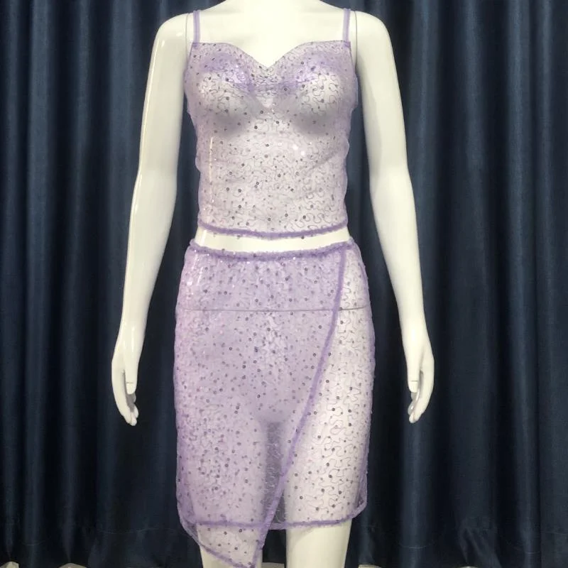 

hirigin 2pcs/set Tracksuits Sexy Women Club Streetwear Mesh Sheer See Though Tube Tops Tank Sequined High Waist Skirts Beachwear