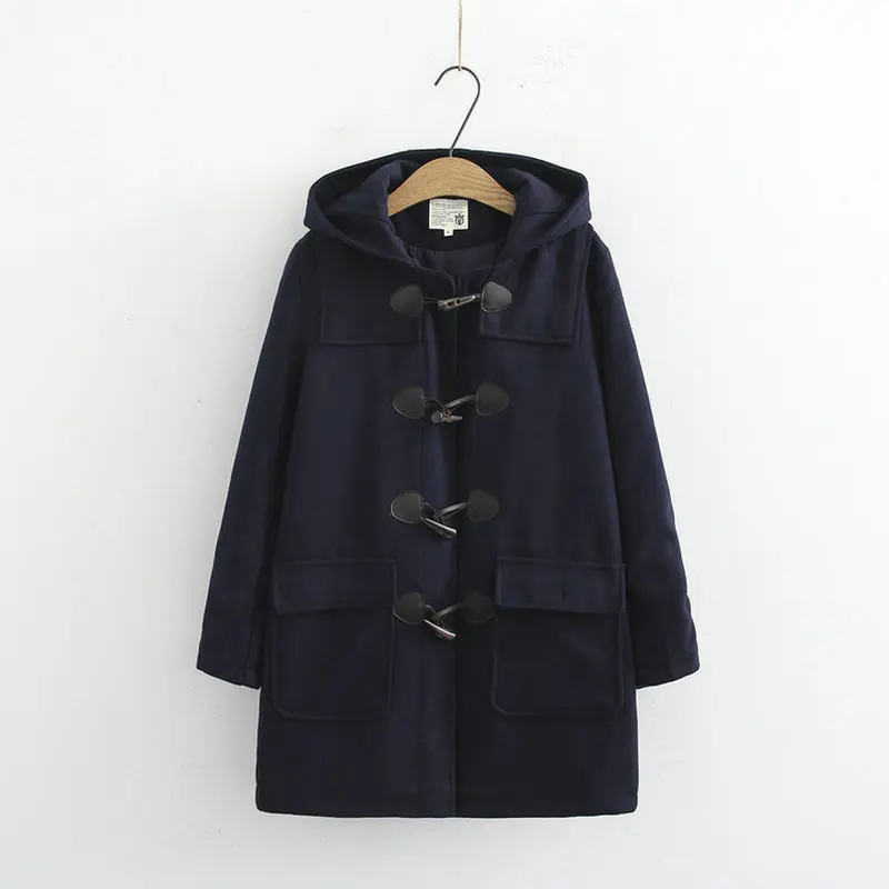 Women's Solid Outwear Preppy Style Horn Buckle Hooded Mid-Length Woolen Jacket Female Harajuku Coat Student 2042628