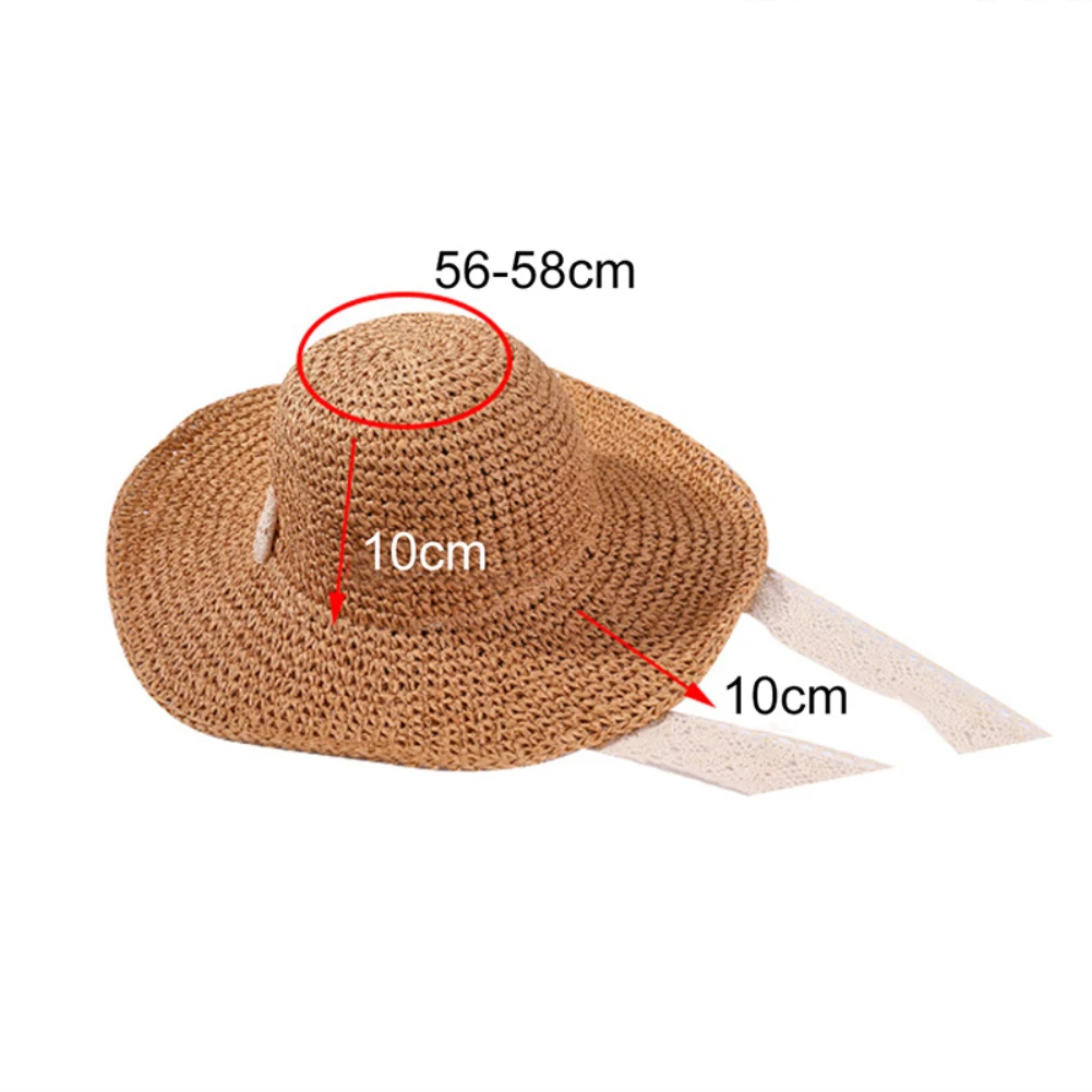 

Women Foldable Crochet Knit Straw Lace Tie Large Brim Hat Sun Protection Sunhat Outdoor Streetwear Summer Beach Cap Gift