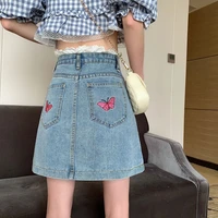 women personality all match lace side denim skirts chic summer female korean butterfly embroidered jean skirt with pockets girls