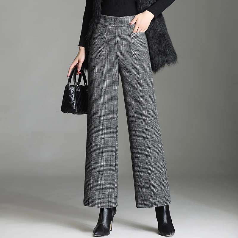 

Pockets Thickened Plaid Wool wide leg Pants High waist Winter New nine point pants Wide Loose Check Straight Pants Women 664D