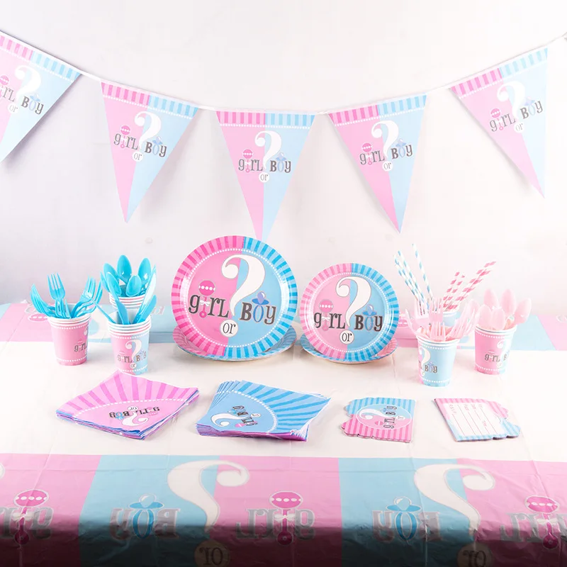 

Gender Reveal Disposable Tableware Set Baby Shower Boy Or Girl Plate Napkin Tablecloth Gender Reveal Party Decorations Supplies