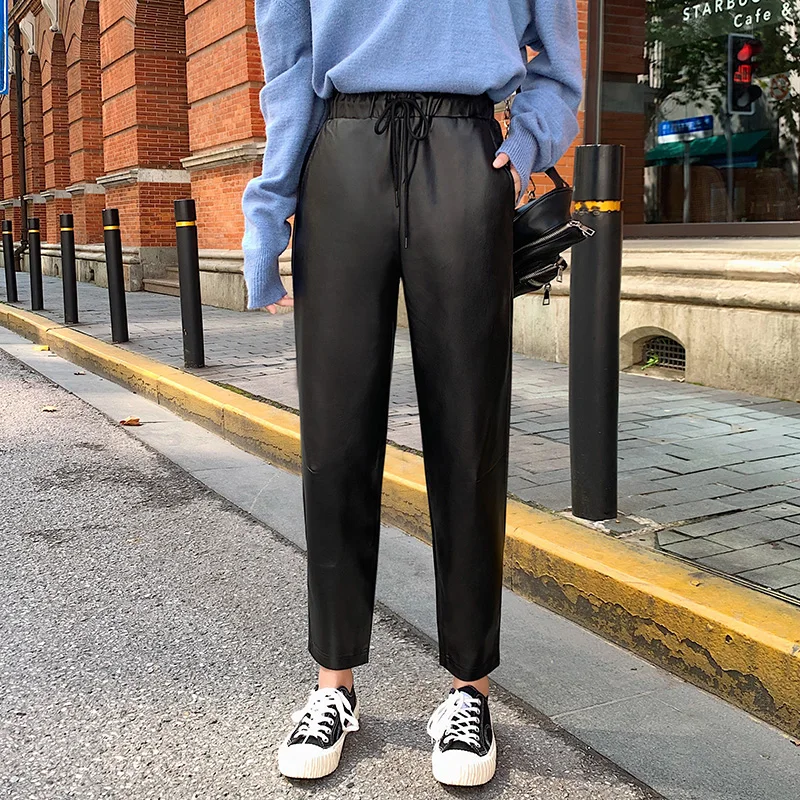 Супертеплые зимние брюки женские из искусственной кожи плотные бархатные черные