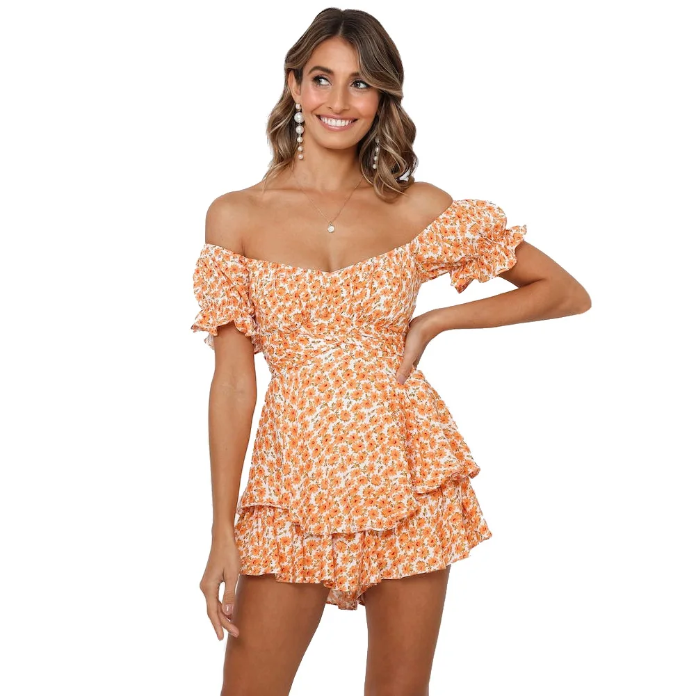 Summer Women's Sexy Bohemian Short Sleeve Playsuits Floral Printing Famale Slash Neck Off Shoulder Ruffle Jumpsuit 2021