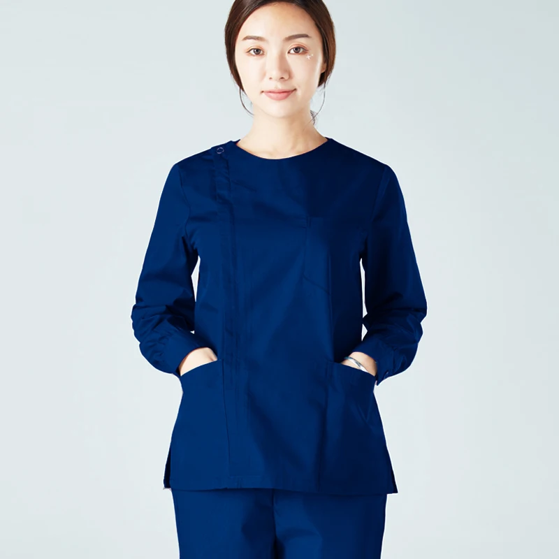 Women's Fashion Long Sleeves Medical Scrubs Set Pure Cotton Side Opening Front with Zipper and Scrub Pants Nursing Uniforms |