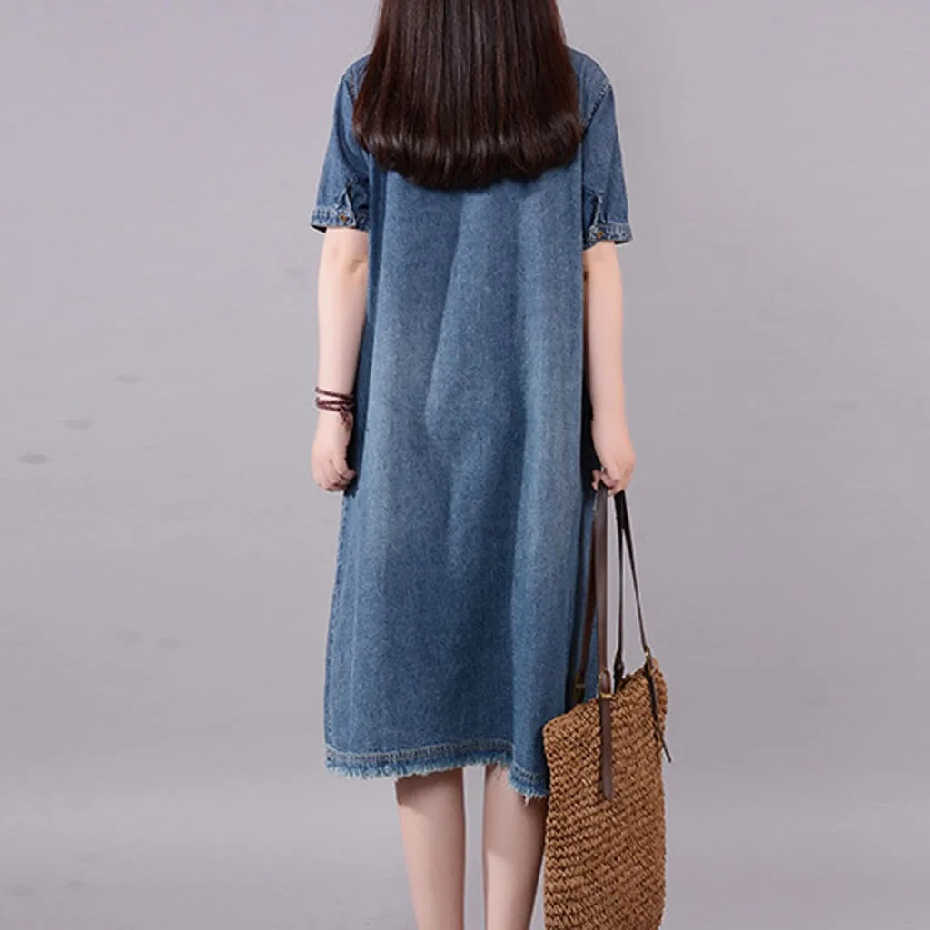 Женское летнее джинсовое платье модное женское на молнии с отворотом короткий