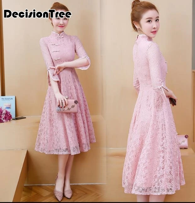 aodai cheongsam Восточная одежда кружевное платье ao dai короткое Кружевное платье для женщин вьетнамское платье Ципао китайское платье - Цвет: color1