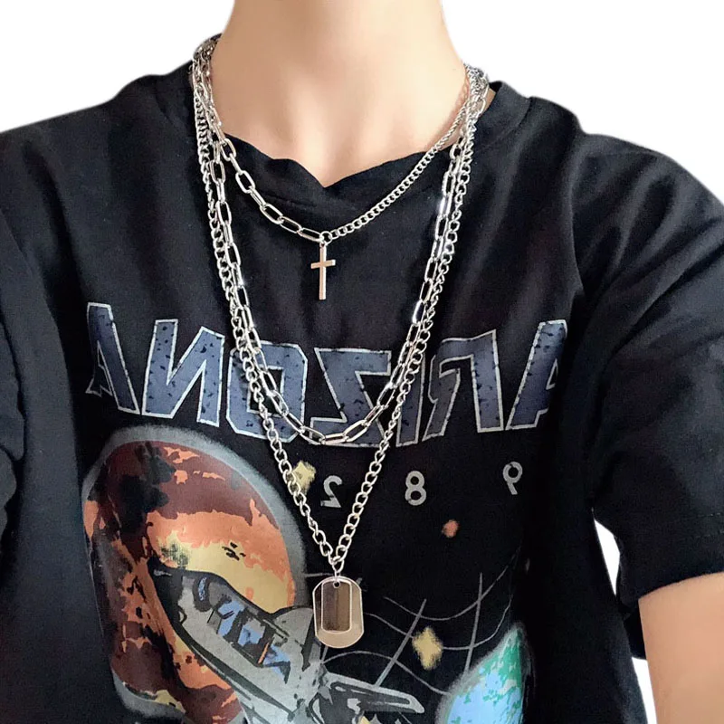 

Многослойное серебряное ожерелье с крестом в стиле панк, модное геометрическое металлическое ожерелье с подвеской в стиле хип-хоп для пар д...