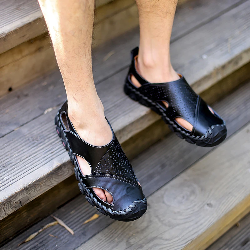 

Leather Men Sandals Summer Fashion Casual Beach Men's shoes Brand Outdoor Casual shoes Breathable High Quality Flats Plus Size