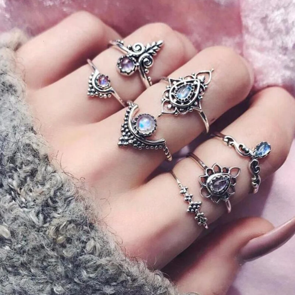 Meyfflin Винтаж Тарельчатая комплект для Для женщин модные Anel Aneis Bague камень серебро Миди палец кольца Бохо ювелирные изделия 10 шт./компл