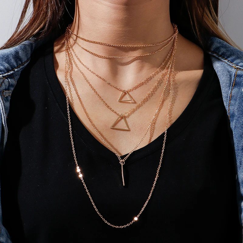 Массивное многослойное ожерелье с подвеской в виде треугольника геометрической