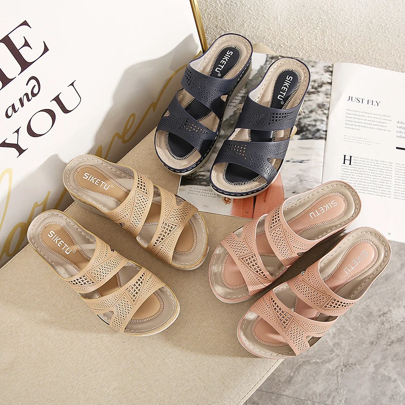 

2021 Summer Women Premium Orthopedic Open Toe Sandals Vintage Anti-slip Breathable Leather Casual Female Platform Retro Shoes