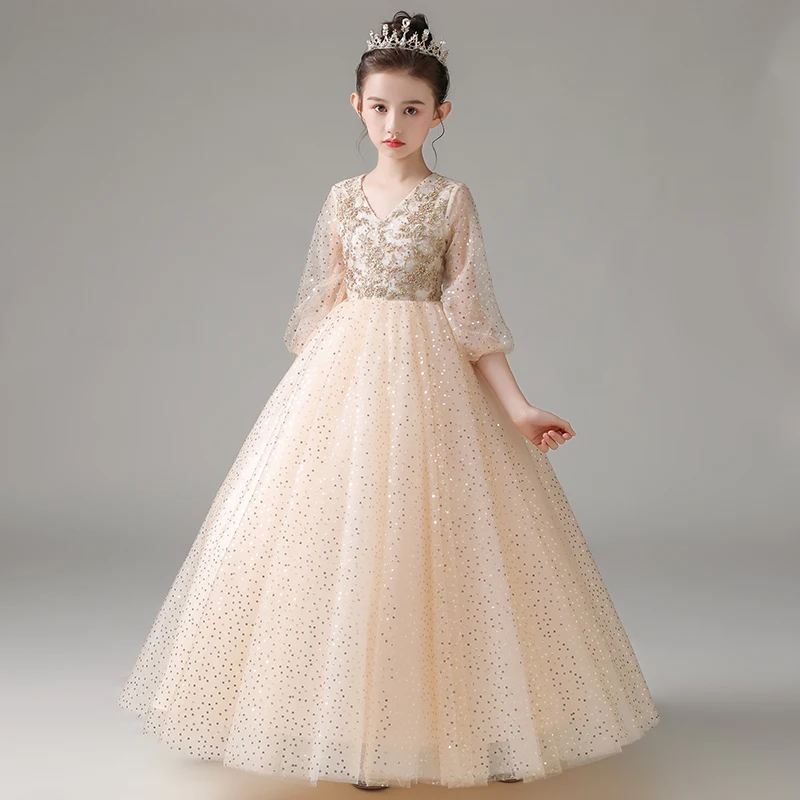 

Flower Girl Dress Illusion Three Quarter V-Neck Princess Beading Floor-Length Sequined Tulle Lace Champagne Kids Party Gown H223
