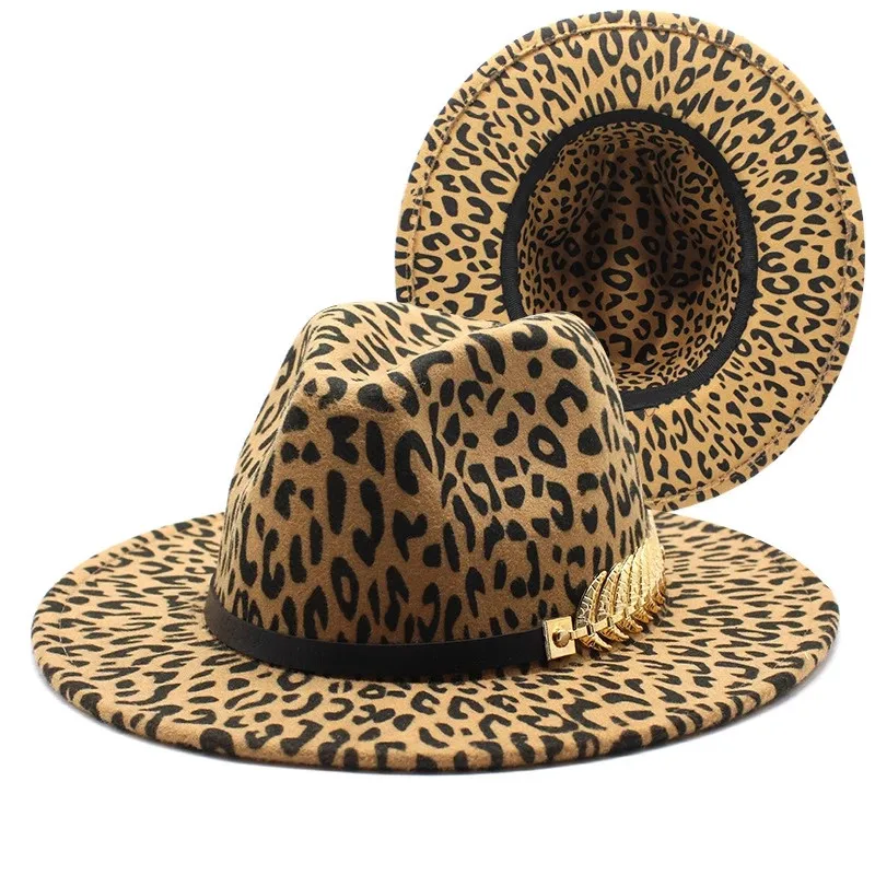 2021 winter fedora hats for women fashion Flat wide Brim Panama Wool Felt Jazz Fedora Hats for men Leopard goth top wedding Hat