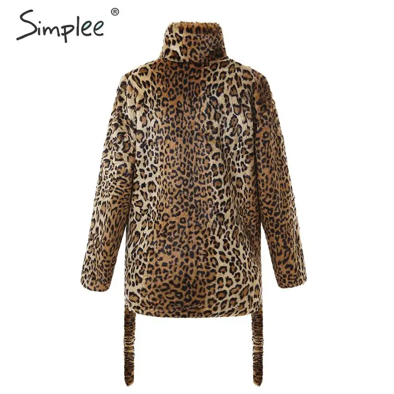 Simplee Leopard print women faux fur coat Lace up zippers pockets female warm overcoats Loose streetwear ladies winter jackets | Женская
