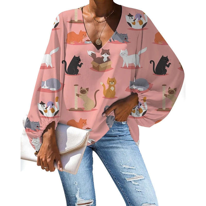 NOISYDESIGNS Women 2020 Summer Blouses Sexy Loose Cats Printing Ladies Tops V-neck Female Shirts Puff Sleeve Blusas Mujer | Женская