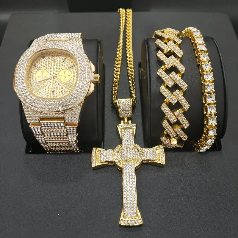 Роскошные мужские золотистые часы ожерелье и браслет комплект мужских часов с