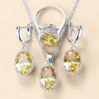 silver 925 jewelry sets fashion vintage costume yellow cubic zirconia dangle earrings ring and necklace sets for women gift