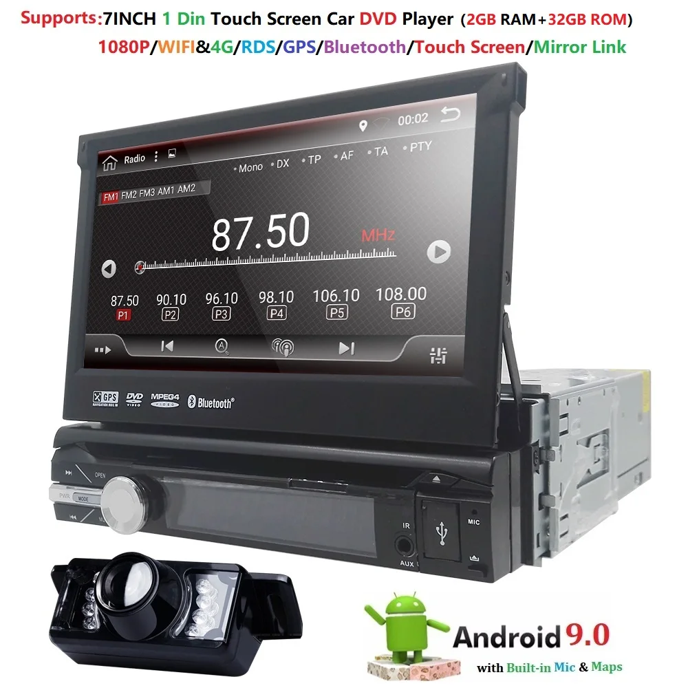 Автомобильный DVD-плеер Универсальный 1 din Android 9 0 четырехъядерный процессор GPS Wi-Fi BT