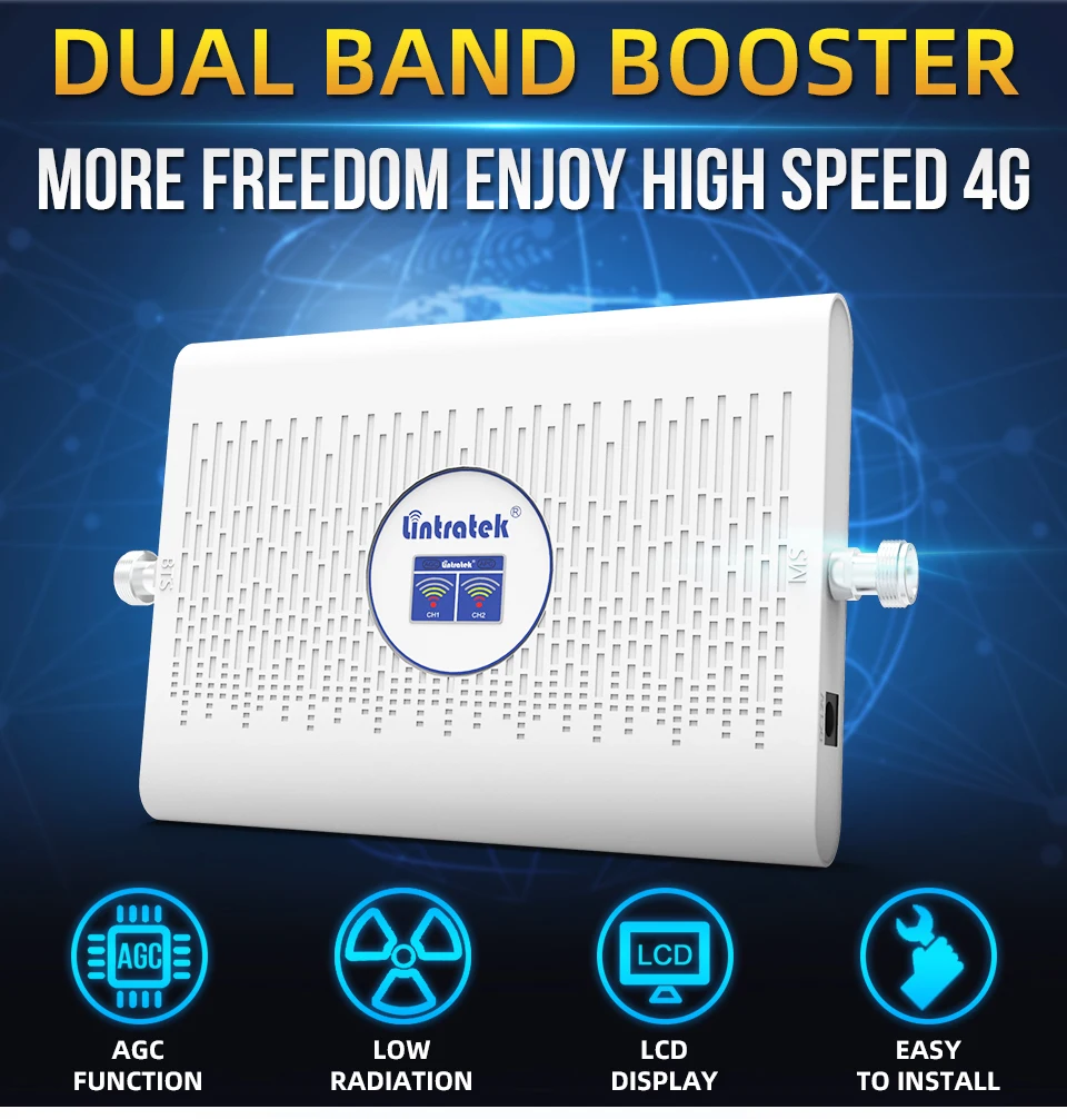 Lintratek CDMA 850 LTE 700 Dual Band Signal Booster 3G 4G Amplifier cellular repeater antenna+10m cable full set 70dB AGC |