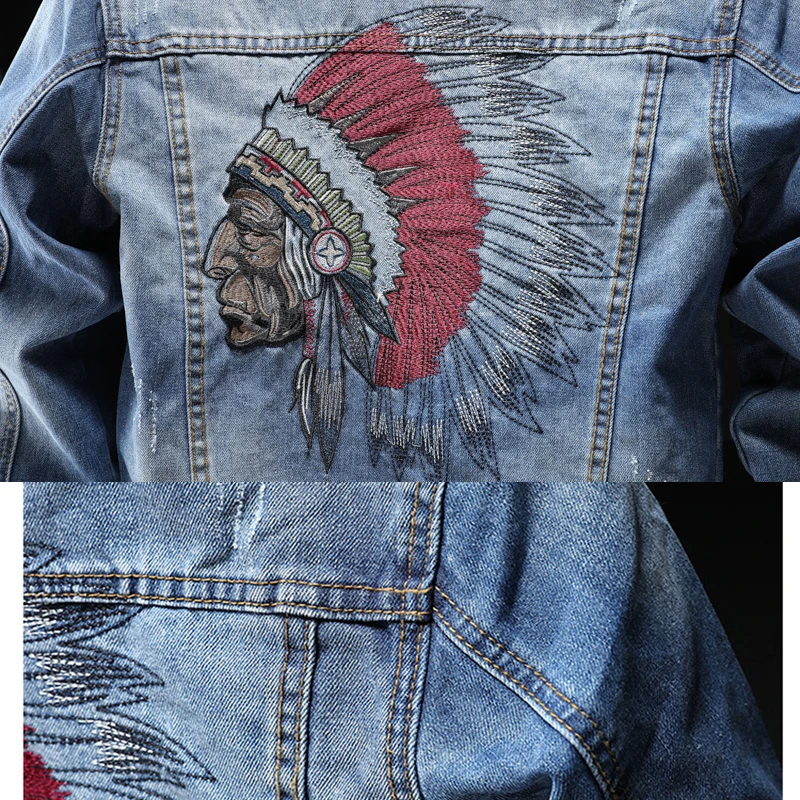 2020 Vintage Denim Jacket Embroidered Indian Slim Cowboy Light Blue Dark Long Sleeve Jeans Coat Large Size M-XXXL | Мужская одежда