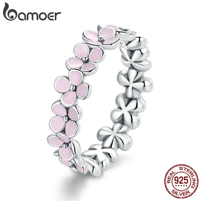 

BAMOER S925 Sterling Silver Pink Wreath CZ Finger Rings for Women Engagement Wedding Finger Ring Statement Fine Jewelry SCR681