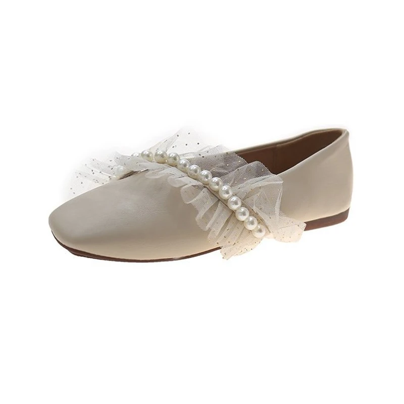 

Pearl Decorateion Shoes Woman 2021 Soft Female Footwear Shallow Mouth Modis Casual Sneaker Square Toe Beading New Dress Cute Boa