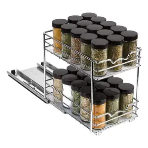 double layer stroage rack for kitchen seasoning bottle organizer metal shelf kitchen spice stroage organizer with slide rail free global shipping