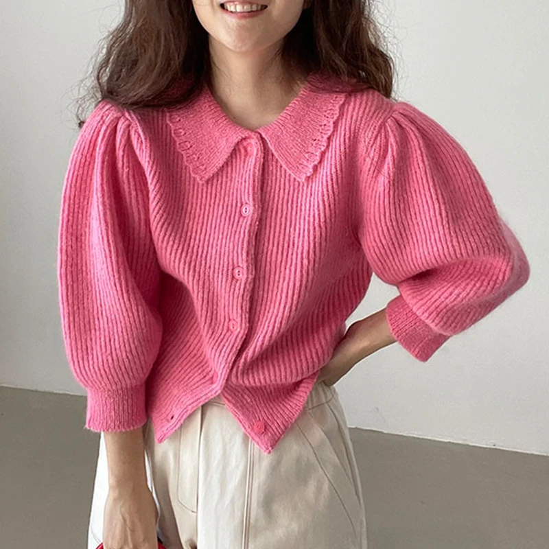 

Cardigan Women 2021 New Korean Sweet Wild Solid Lapel Pit Strip Design Loose Single Breasted Puff Sleeve Knit Cardigans Sweater
