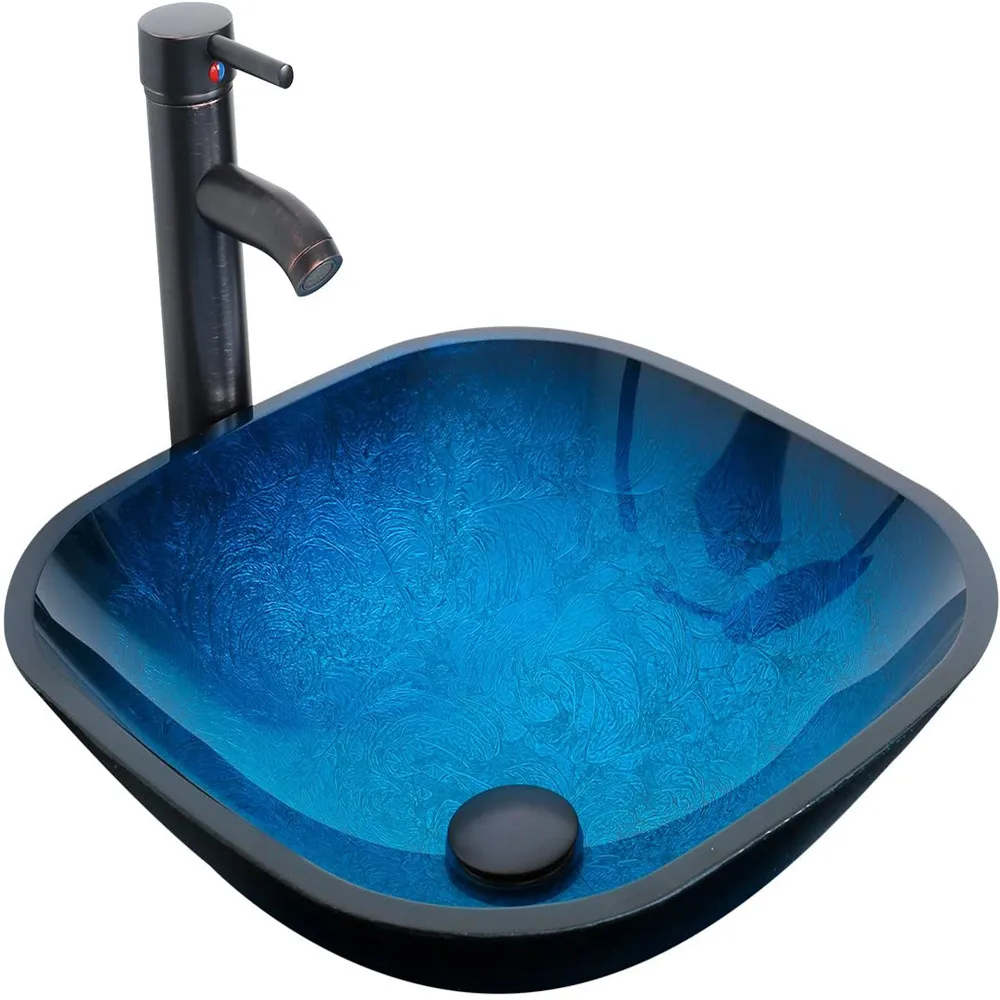 Квадратная раковина Ocean Blue для ванной комнаты художественная из закаленного