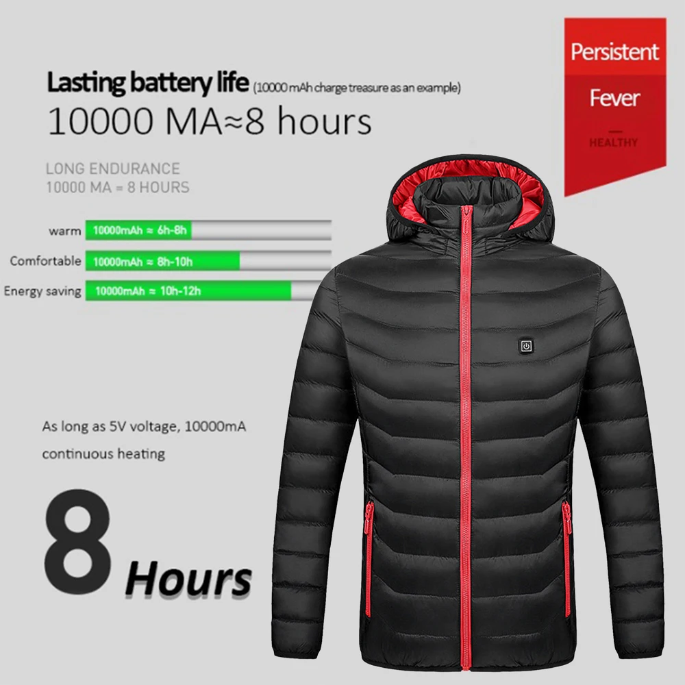 

Jackets Coat Electric Heating-Vest Down Cotton 3Areas USB Heated Hooded Long Sleeve Winter Rechargeable Thermal Warmer Outdoor