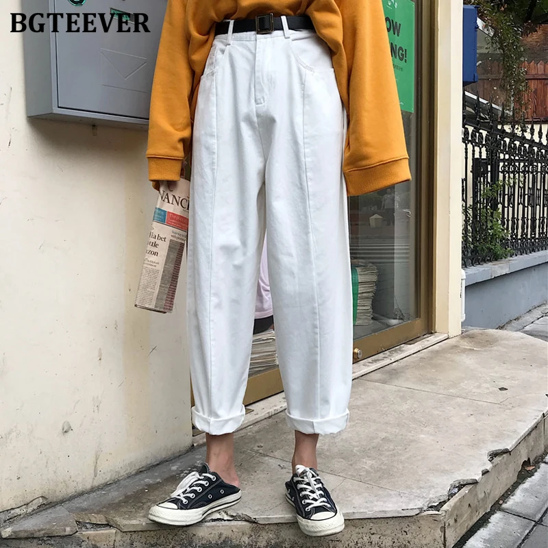 BGTEEVER уличная одежда свободные с поясом высокая талия женские джинсы брюки