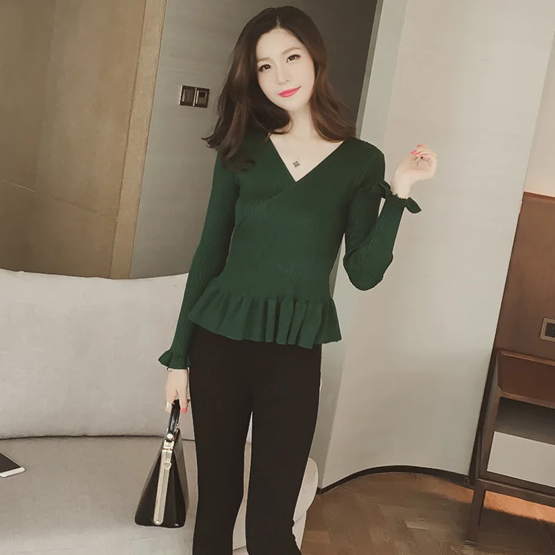 

4xl plus big size sweater women spring autumn winter 2020 new v-neck pure color horn sleeve black white sweaters female A5256