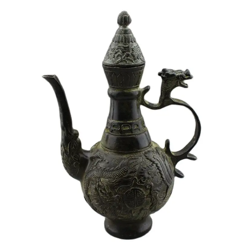 

Chinese Antiques Fengshui Copper Ware Bronze Dragon and Phoenix Winepot Bottles Statues for Decoration Collection Ornaments