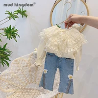 mudkingdom girls sets solid long sleeve lapel collar lace shirts little daisy split fork denim pants kids spring autumn outfits