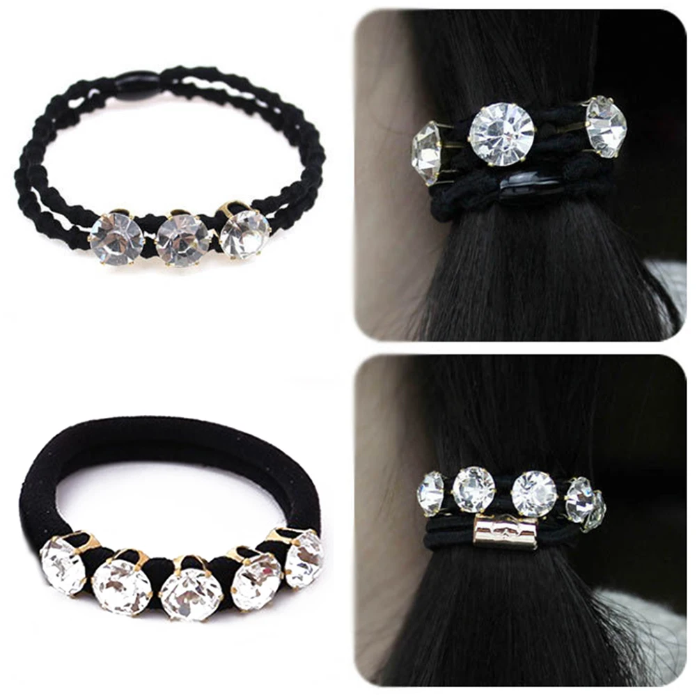 

1PC Hot Rhinestones Women Korean Style Black Hair Rope Fashion Elastic Hair Bands Hair Accessories Gum Rubber Band 2021 New