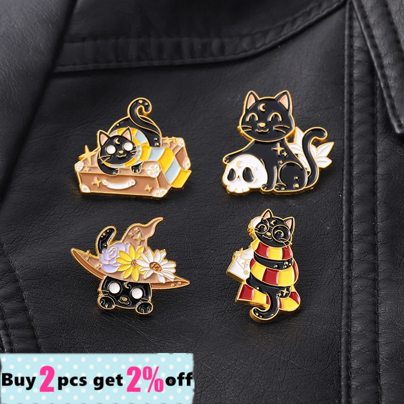 Волшебная ведьма скелет кошка эмалированная булавка шляпа котенок броши-Кошки