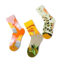 womens socks harajuku art flower tree bird oil painting pattern european and american trend street skateboard sports socks