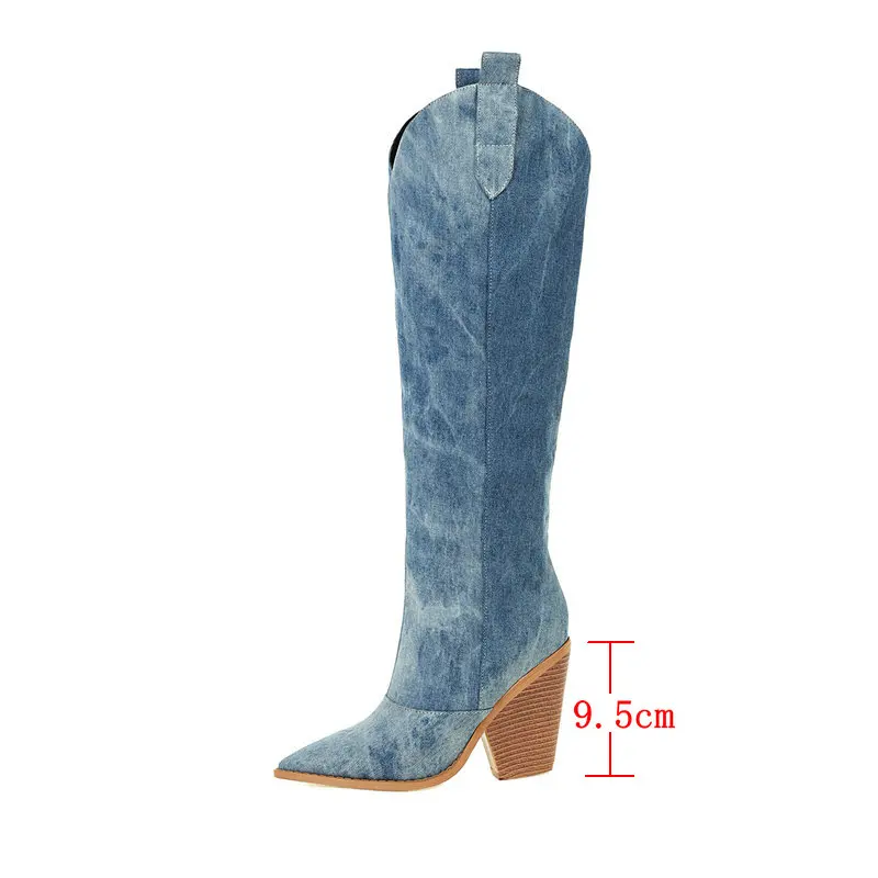 2022 Fashion Denim Western Women Knee High  Boots Wedges High Heel Cowboy Boots Slip On Autumn Winter Woman Shoes Big Size 34-43